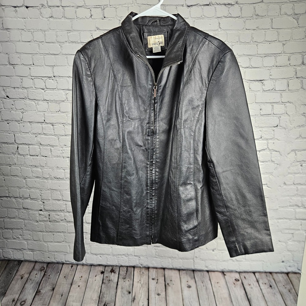 East 5th Womens Black Genuine Leather Jacket Full Zip Stand Collar Large